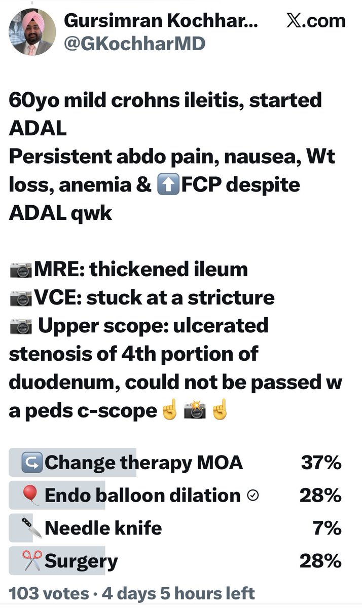 MondayNightIBD's tweet image. Managing a #Crohns stricture takes into account
✅Inflammatory vs mixed vs fibrotic 
✅Location, number of stricture
✅Symptoms 
✅Local expertise &amp;amp; MultiD approach

🙏🏽 @GKochharMD &amp;amp; #MondayNightIBD🏘️ for a 💡Convo !

✅#IBDAlgo by new #IBDAlgoMaster @AimenKhanMD 👇🏽