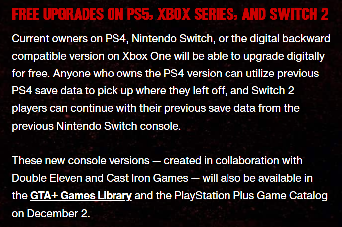 TexFunz2's tweet image. Free upgrades for current owners of RDR1 on PS4, Nintendo Switch, and the digital backward version on Xbox One to PS5, Xbox Series X|S, and Nintendo Switch 2

rockstargames.com/newswire/artic…