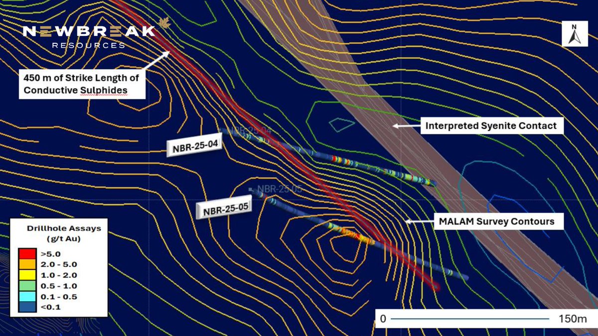 Figure 1 from New Break’s latest release shows a 450m conductive zone outlined by downhole MALAM surveys — the likely continuation of gold-bearing sulphides in the Zavitz Zone at Moray.

📍 Timmins, ON | CSE: $NBRK.CN

Learn more 👉 newbreakresources.ca/news/2025/new-…

#Gold #Mining