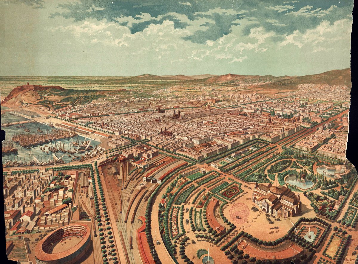 Un dia de tardor de 1881 el gravador barceloní Antoni Castelucho pujà a un globus aerostàtic i a 350 metres d'altura féu una foto de la ciutat. L'any següent la publicà convertida en aquesta vista aèria dibuixada, que incorporava projectes previstos però mai realitzats. | 📷 ICGC