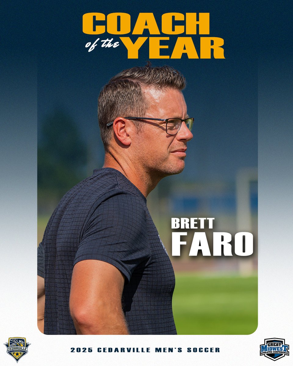 COACH OF THE YEAR‼️⚽ 

Congrats to Brett Faro on leading his team through an undefeated regular season and being named Great Midwest Coach of the Year for the 2025 Men's Soccer season! #ForHim #yellowjackets

Read more at bit.ly/4p6EkBd

<a href="/CedarvilleMSoc/">Cedarville Soccer</a>