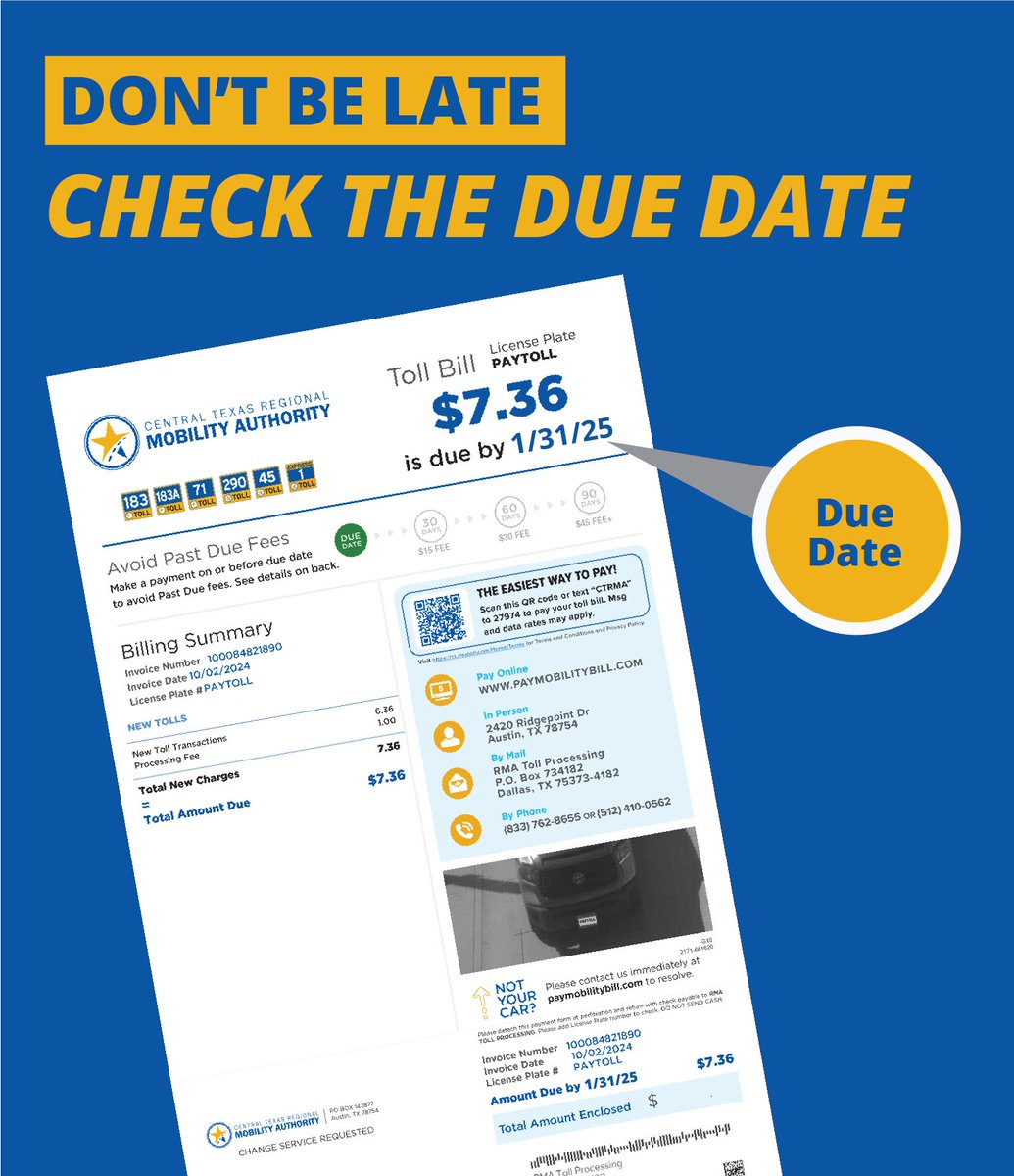 Avoid late fees and keep traveling without any interruptions. Always double check the due date on your Pay By Mail bill.