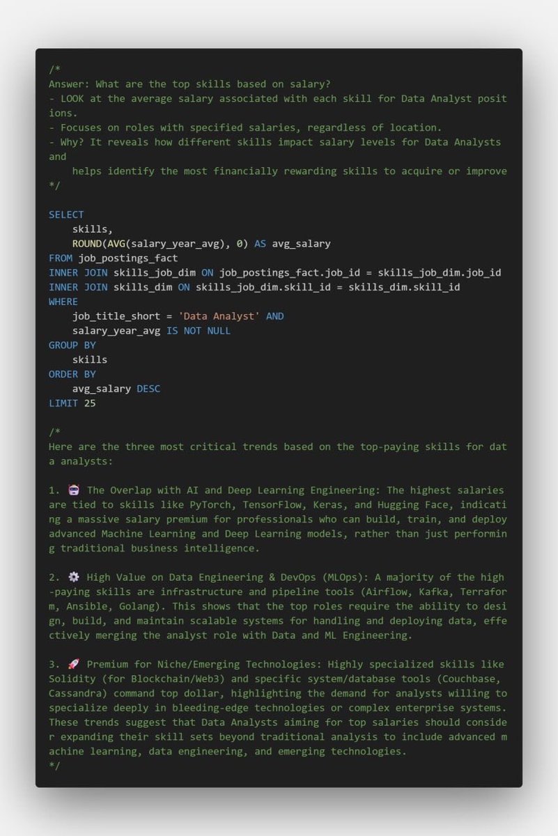 bla_ze619's tweet image. Just wrapped up my Data Analyst Job Market SQL Project 💼
I used SQL to answer 5 key questions about the data job market 👇
1️⃣ Top-paying jobs 
2️⃣ Top-paying job skills
3️⃣ Most in-demand skills
4️⃣ Highest-paying skills
5️⃣ Optimal (high-pay + high-demand) skills
#SQL #DataAnalytic