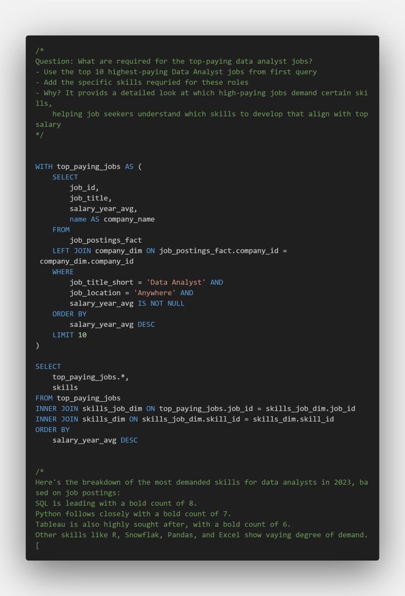 bla_ze619's tweet image. Just wrapped up my Data Analyst Job Market SQL Project 💼
I used SQL to answer 5 key questions about the data job market 👇
1️⃣ Top-paying jobs 
2️⃣ Top-paying job skills
3️⃣ Most in-demand skills
4️⃣ Highest-paying skills
5️⃣ Optimal (high-pay + high-demand) skills
#SQL #DataAnalytic