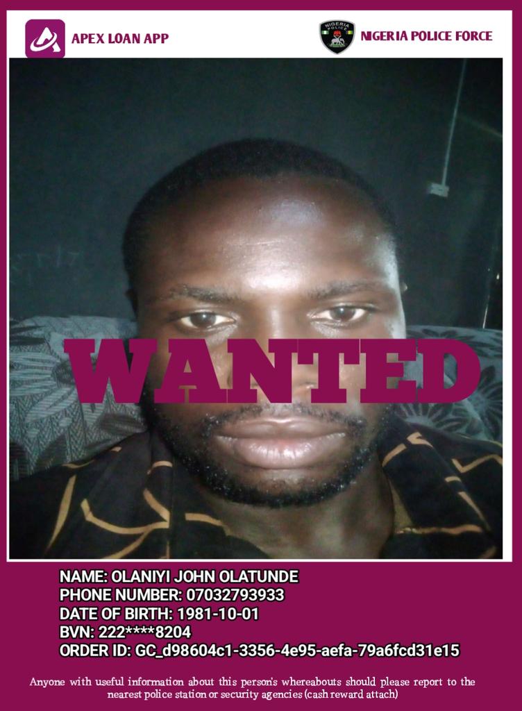 Apexloanapp's tweet photo. OLANIYI JOHN OLATUNDE is on a run with our money after several attempts of getting our loan she has proven to act fraudulent, she is declared WANTED this day the 13th of November, 2025. 

Anybody with useful information should DM

#Apex #loan #Nigeria #deslimstemens #oasislive25 https://t.co/CDEZvVczBy