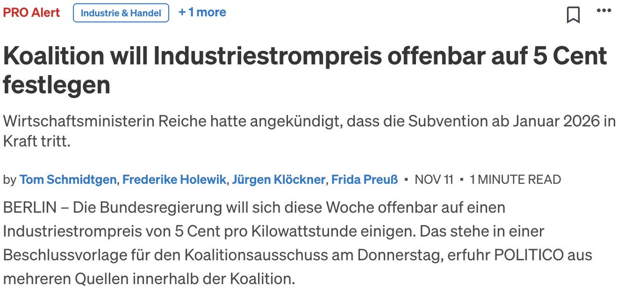 Dass der Industriestrompreis 5 Cent betragen wird, wussten POLITICO-Pro-Abonennt*innen schon am Dienstagmittag. Wer früher informiert sein will, hier entlang: politico.eu/pro-deutschlan…

<a href="/GordonRepinski/">Gordon Repinski</a> <a href="/R_Buchsteiner/">Rasmus Buchsteiner</a> <a href="/TommesFrittes/">Tom Schmidtgen</a> <a href="/fholewik/">Frederike Holewik</a> <a href="/FridaPreuss/">Frida Preuß</a> <a href="/vonderburchard/">Hans von der Burchard</a>