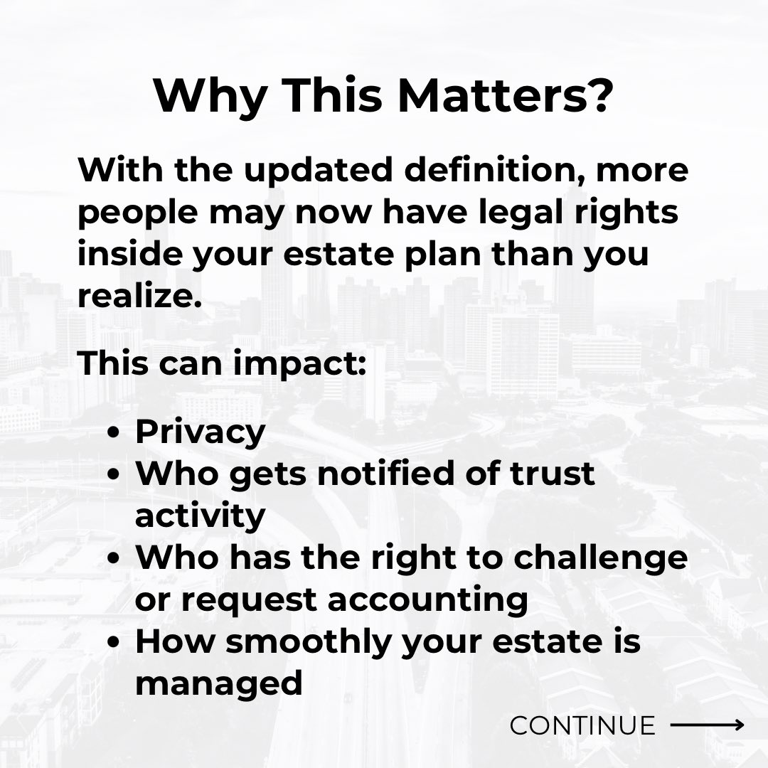 JMGLawFirm's tweet photo. Georgia updated its definition of a “qualified beneficiary,” and it could change who has rights inside your trust. More people may now be entitled to notices or accountings.

(Thread ⬇️) https://t.co/RS5Ss3jlGm
