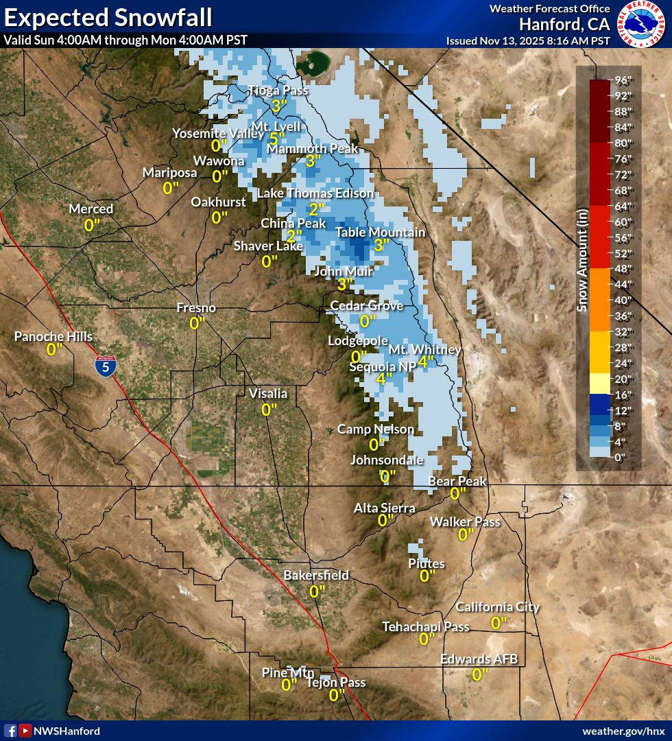 Updated predictions from the National Weather Service show #rain and #snow expected today through Wednesday next week.

Winter Storm Safety: tularecounty.ca.gov/emergencies. 
Emergency alerts: tularecounty.ca.gov/alerttc.
Know Your Zone: protect.genasys.com/search.

#TulareCounty #winterstorm