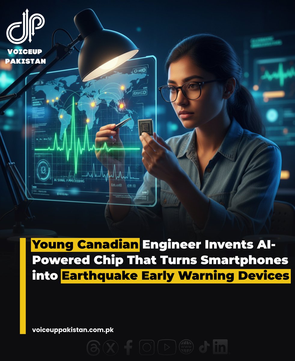 VoiceupPakistan's tweet image. CANADA: A 20-year-old engineering student has achieved a remarkable technological breakthrough by developing a smartphone microchip capable of detecting earthquakes before impact. 
#Innovation #EarthquakeAlert #SmartTechnology #Canada #StudentInventor #TechForGood #AIInnovation
