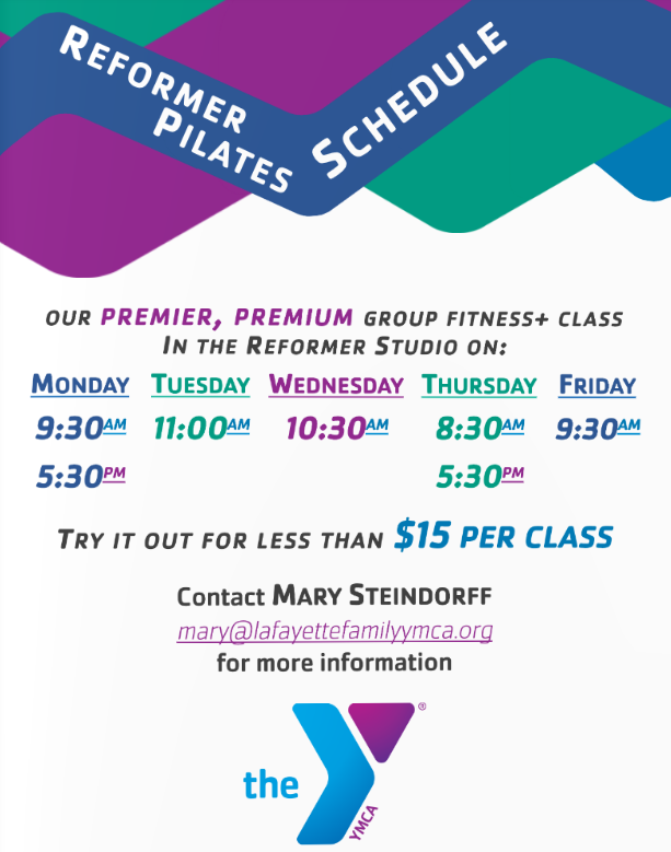 Find your strength, balance, and calm with Reformer Pilates at the Y!

These premier fitness classes help improve flexibility, core strength, and posture, no matter your fitness level.

Contact Mary Steindorff at mary@lafayettefamilyymca.org for more info.