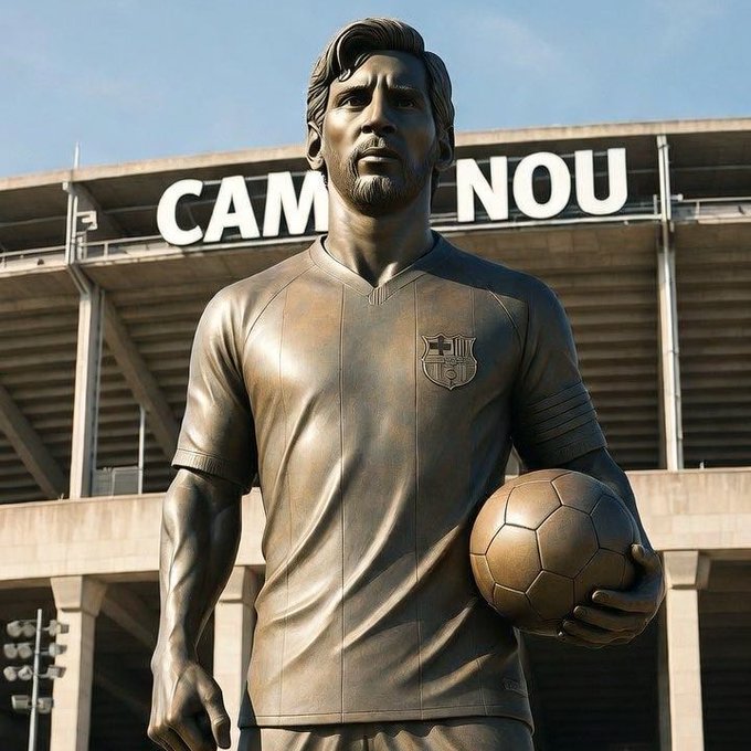 A bronze statue of Lionel Messi stands in a dynamic pose wearing a Barcelona soccer jersey with the club crest, holding a golden soccer ball under his arm, positioned in front of the Camp Nou stadium entrance with large signage reading Camp Nou above arched doorways and structural beams, under a clear blue sky.