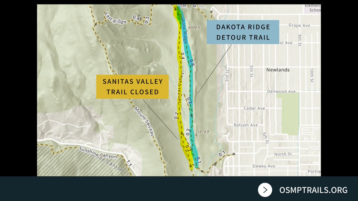 Sanitas Valley Trail closed from 7 a.m. to 5 p.m., Monday through Friday, for trail maintenance. Follow a detour along the Dakota Ridge Trail. The closure is expected to last three weeks, weather permitting.

For current trail closures and updates, visit OSMPTrails.org.