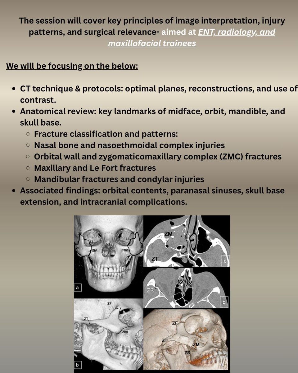 CiaraMBWalker's tweet photo. MORE ENT radiology teaching? 
The next instalment is coming at you this 1300 Monday 17th Nov!
The excellent Dr Matt Bull this time talking facial trauma.
Good for any of our maxillofacial colleagues as well as ENT, radiology, ED, (and anyone else!)
Details on how to sign up below https://t.co/JoDad7QWAn