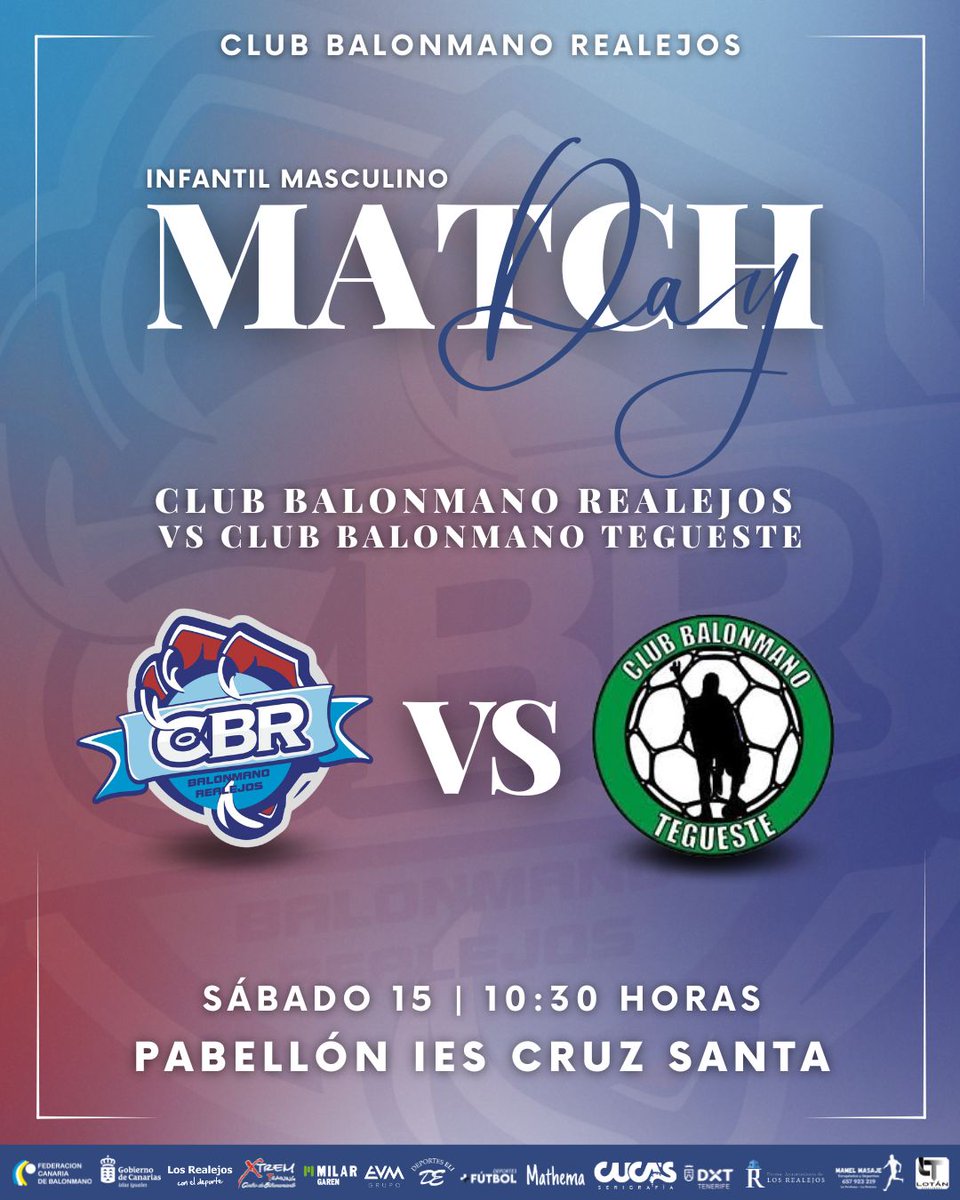 Este sábado 15N vuelve el balonmano a casa. Nuestra base juega en el IES Cruz Santa. 🤾🏽
09:30 h.Alevín: CBR 🆚 MultiÓpticas Orotava
10:30 h.Infantil: CBR 🆚 Tegueste
12:00 h.Cadete Masculino: CBR 🆚 Tegueste
¡Te esperamos! #SomosCBR #CanteraRealejera 💙"
<a href="/DXTenerife/">Deportes Tenerife</a>