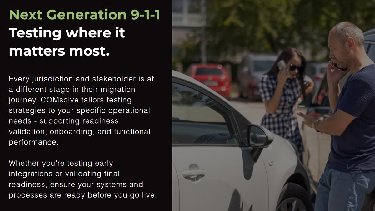 comsolve's tweet image. Missed COMsolve’s “NG9-1-1 End-to-End Testing” session at APCO Canada? 

If you’re ready to put your new NG9-1-1 system capabilities to the test, our Testing Lab provides the environment, expertise, and tools to validate data delivery, call flow, and performance before go-live.