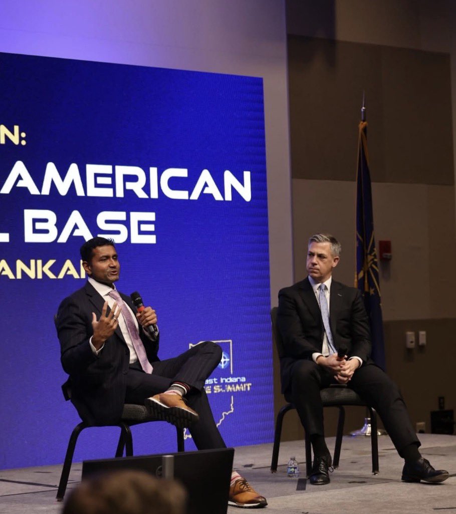 Palantir CTO <a href="/ssankar/">Shyam Sankar</a> at the Northeast Indiana Defense Summit with <a href="/SenatorBanks/">Senator Jim Banks</a>