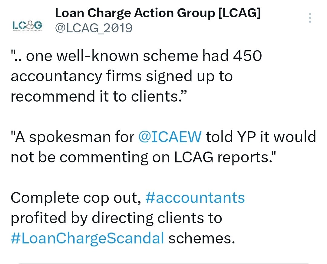 <a href="/StuartMaggs/">Stuart</a> Professional advice, like #LoanChargeScandal victims who recommended schemes by #accountants &amp; #recruitmentagencies? Advisors who secretly received kick backs from promoters.

x.com/LCAG_2019/stat…