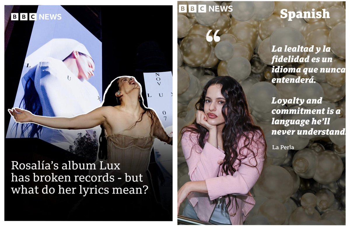 .<a href="/BBCNews/">BBC News (UK)</a>, like so many others around the world 🌍, recognises that Rosalía's talent lies not only in her voice 🎙 and performance 💃, but also in her personal and authentic lyrics.
bbc.co.uk/news/articles/…