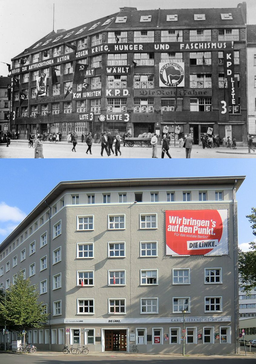 "Und Ihr seid auch ganz bestimmt keine Kommunisten?" 
"Nein, höchstens Sozialisten..."
"Puh, dann bin ich ja beruhigt. Ich dachte nur, weil Ihr zufällig genau im selben Haus Eure Parteizentrale habt wie schon die Kommunistische Partei Deutschlands!"
"Ach, das ... das ist reiner