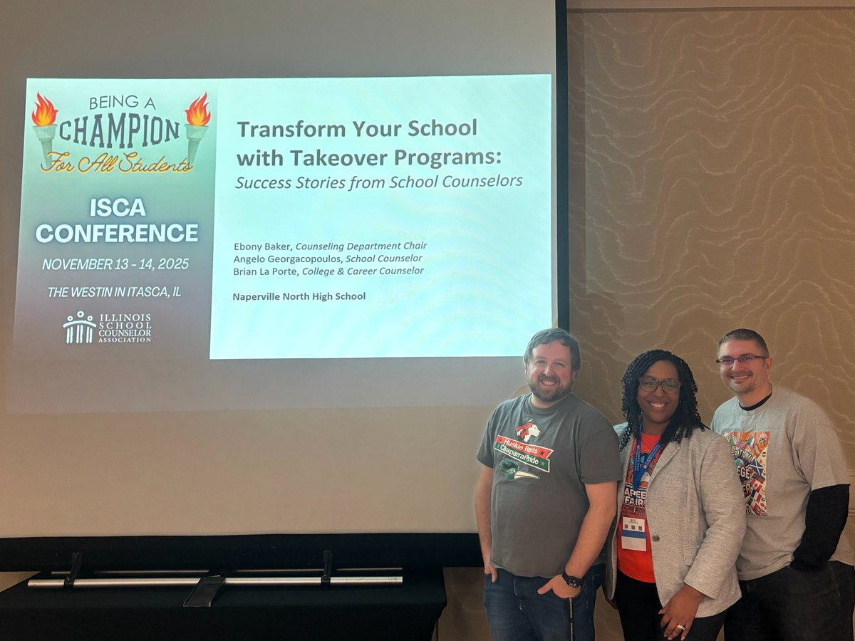 Proud to represent Naperville North today at the <a href="/myisca/">IL School Counselors</a> Conference with <a href="/MrsEbonyJBaker/">Ebony J. Baker</a> &amp; Mr. Georgacopoulos! Sharing our experience creating innovative #Takeover programs was both fun &amp; inspiring. Can't wait to share future Takeover programs with our community! #Empower203