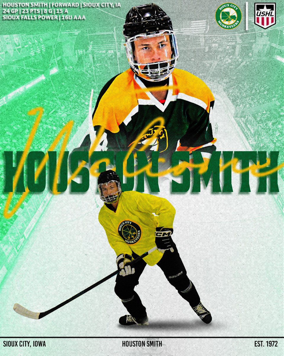Musketeerhockey's tweet image. The hometown kid is coming home🏠
Sioux City native, Houston Smith will suit up and play for the Musketeers in our home game this Friday night against the Sioux Falls Stampede 

Get tickets for his debut: bit.ly/4nR8mrw

#SCMusketeers | #USHL | #SiouxCity