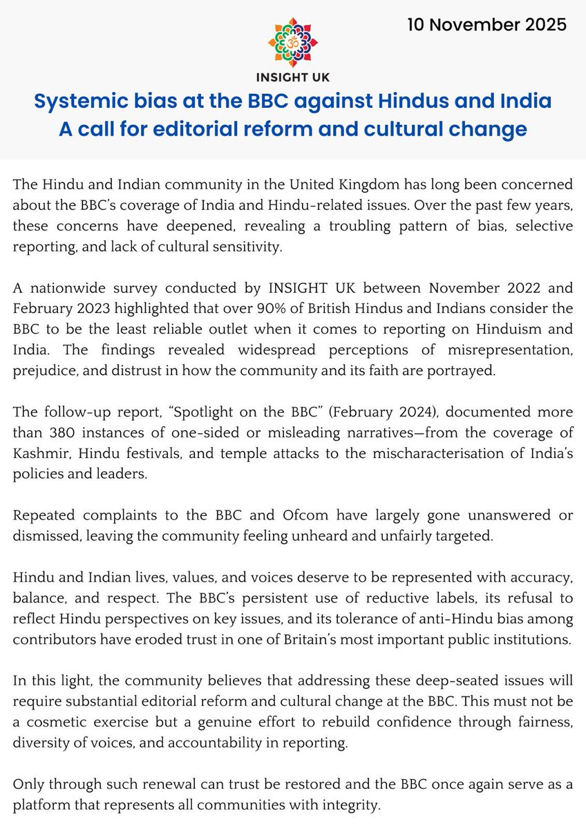 𝐈𝐍𝐒𝐈𝐆𝐇𝐓 𝐔𝐊 𝐒𝐓𝐀𝐓𝐄𝐌𝐄𝐍𝐓 

Systematic bias at the BBC against Hindus and India : A call for editorial reform and cultural change.  

#BBC