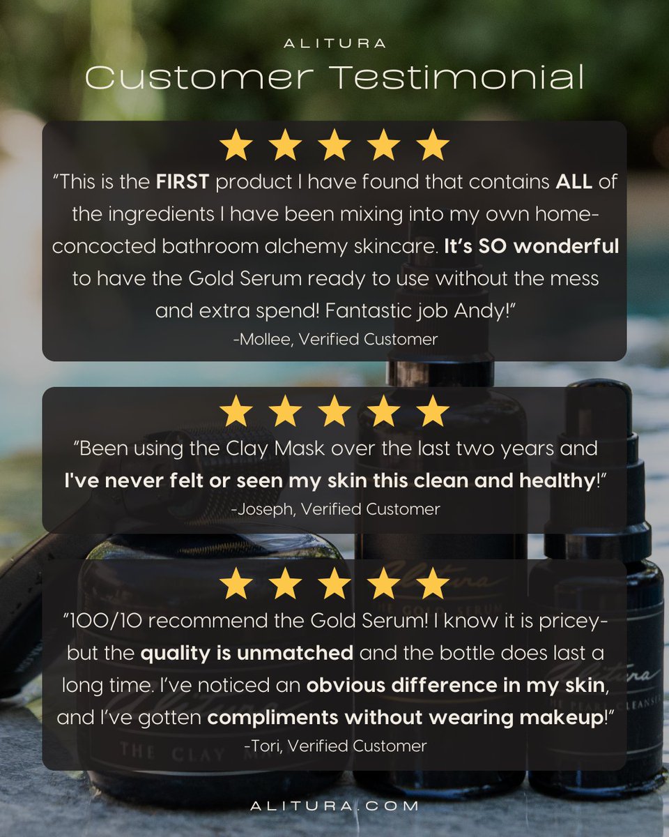 What makes Alitura different? The results speak for themselves

From the nutrient-rich Clay Mask to the Gold Serum—these reviews remind us why we do what we do.

Our community continues to inspire us every day—thank you for sharing your Alitura glow.

#LuxurySkincare #CleanBeauty