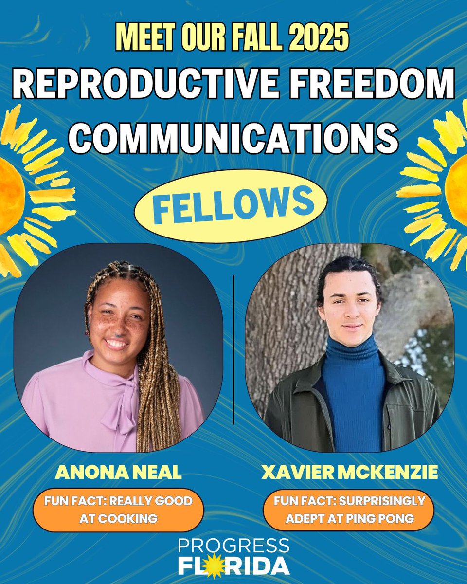 ProgressFlorida's tweet image. We are excited to introduce our Fall 2025 communications fellows, Anona and Xavier! They’re a wonderful addition to the team and are already making an impact on this incredibly important work.