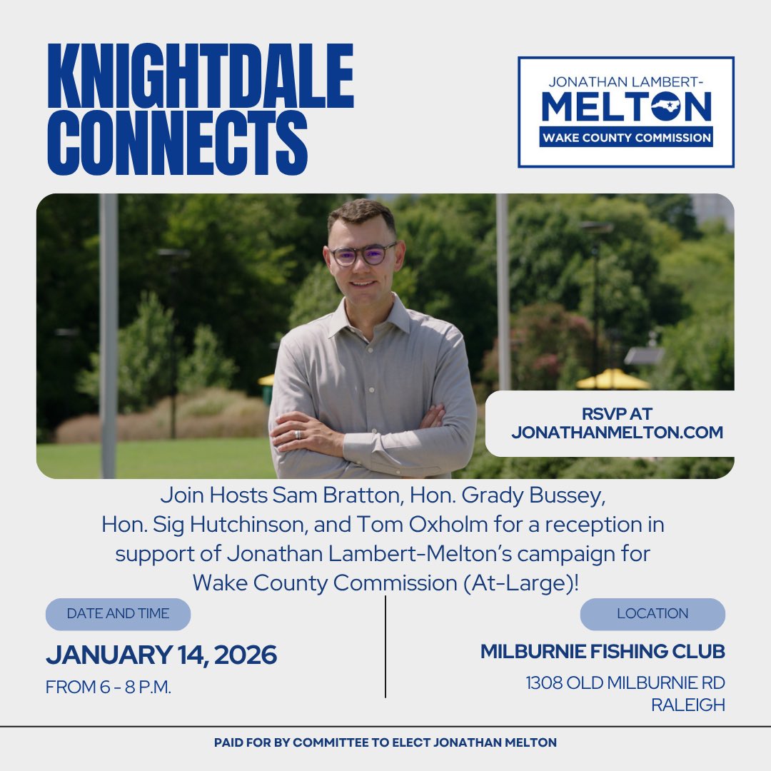 Please join me and my friends in Knightdale as we come together to support my campaign for Wake County Commission and our shared vision for a more connected, thriving county. #ralpol #wakepol 

🎟️ secure.actblue.com/donate/knightd…