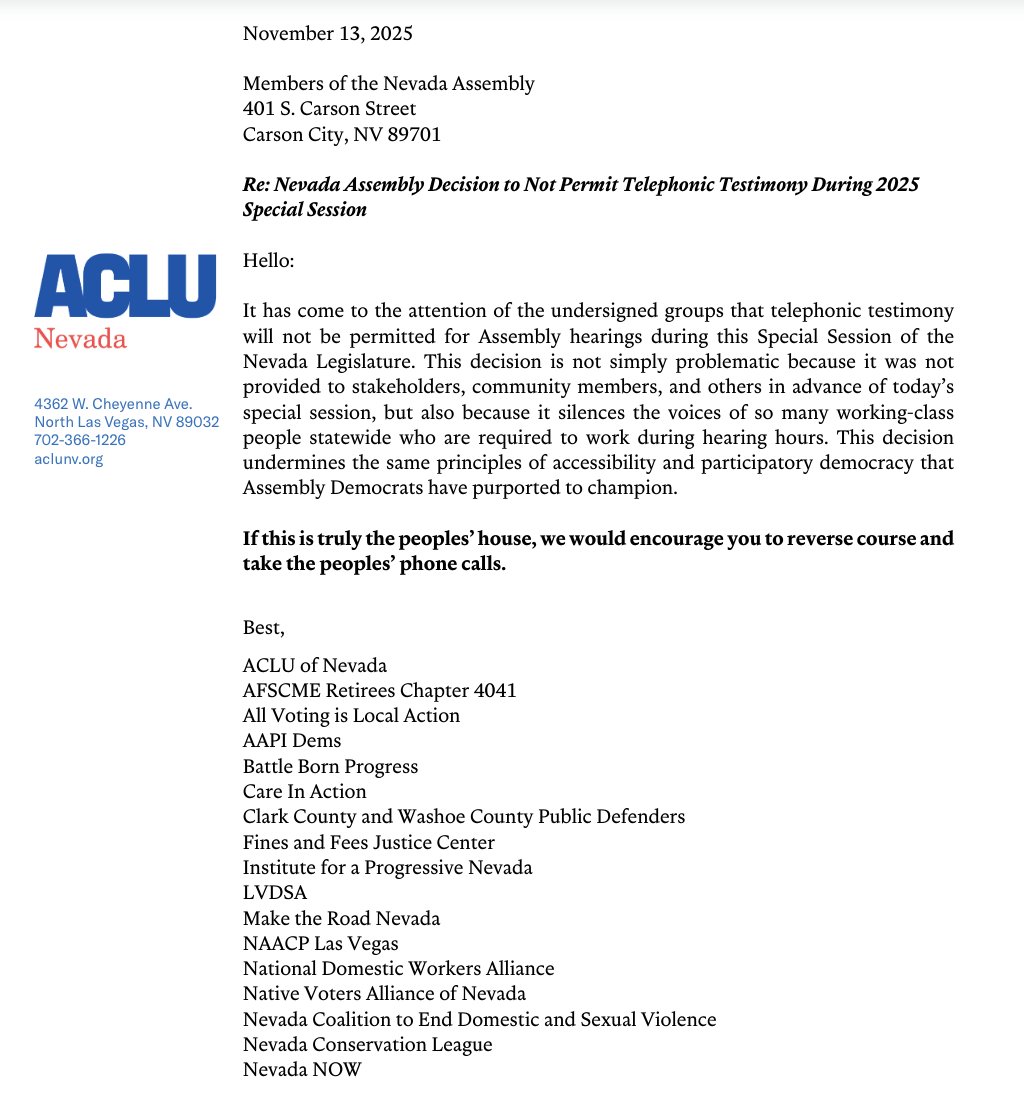 tabitha_mueller's tweet image. NEW:  @ACLUNV and a host of other organizations sent a letter protesting the prohibition of telephonic testimony for #nvleg Assembly hearings during the special session.

&quot;If this is truly the peoples’ house, we would encourage you to reverse course and take the peoples’ phone…