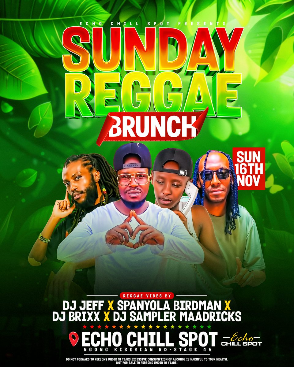 THIS SUNDAY TUKO @echo_chillspot ( NGONG KISERIAN) IT'S ALL ABOUT #SundayReggaeBrunch COME LET'S HAVE A GOOD TIME 🔥🔥🔥 

#PartyWithSpanyolaBirdman #KingOfRushHour #KiberaFinest #InfintyMc #NiSaaNgapiNairobarry #LipuaJaba #Kanamrugu