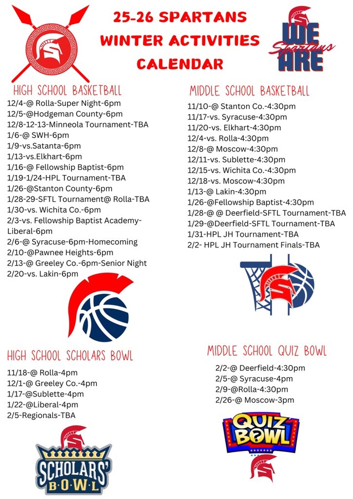 Here is the Spartan winter activities calendar for our upcoming winter activities at the HS/MS.