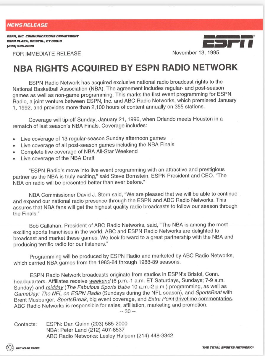 30 years ago today, ESPN Radio announced plans to start broadcasting games with an NBA deal that still continues.