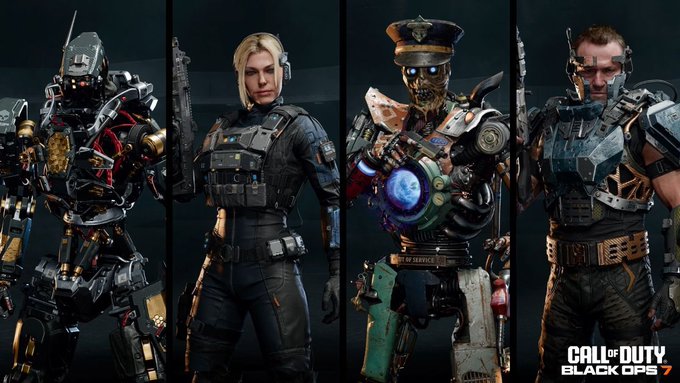 Four characters in a horizontal composition from a video game first is a robotic figure in red and black armor holding a rifle second is a blonde woman in black tactical suit with gloves third is a captain in uniform with hat and pistol fourth is a cybernetic soldier with skull mask green accents and energy orb in hand all posed dynamically against dark backgrounds