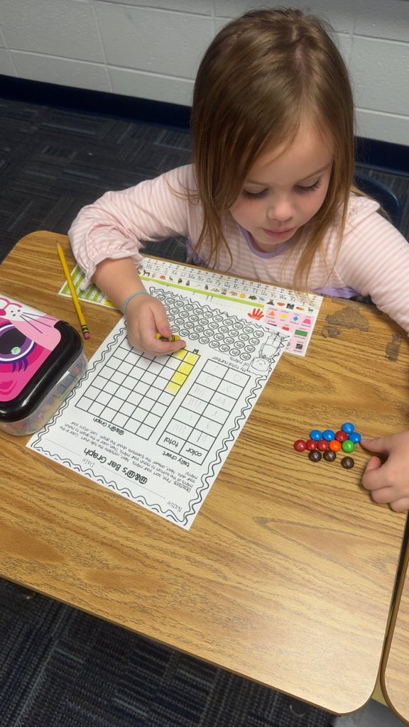 NAUES2024's tweet image. 🍬📊 Sweet math in 1st grade! Mrs. Cockrell’s students used M&amp;amp;Ms to sort by color, create bar graphs &amp;amp; tally charts, and answer questions using their data. A fun, hands-on way to make math meaningful—and tasty! 💛💙🐬 #NAUESDolphins #FirstGradeMath #HandsOnLearning