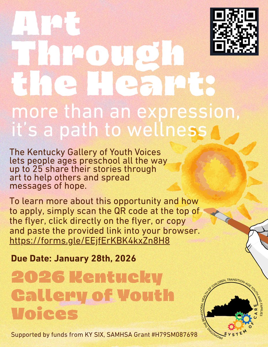 AllianceKy's tweet image. KY youth—share your art + your story of hope!
Submit to the 2026 Kentucky Gallery of Youth Voices by Jan 28, 2026.

Learn more 👉 forms.gle/EEjfErKBK4kxZn…
