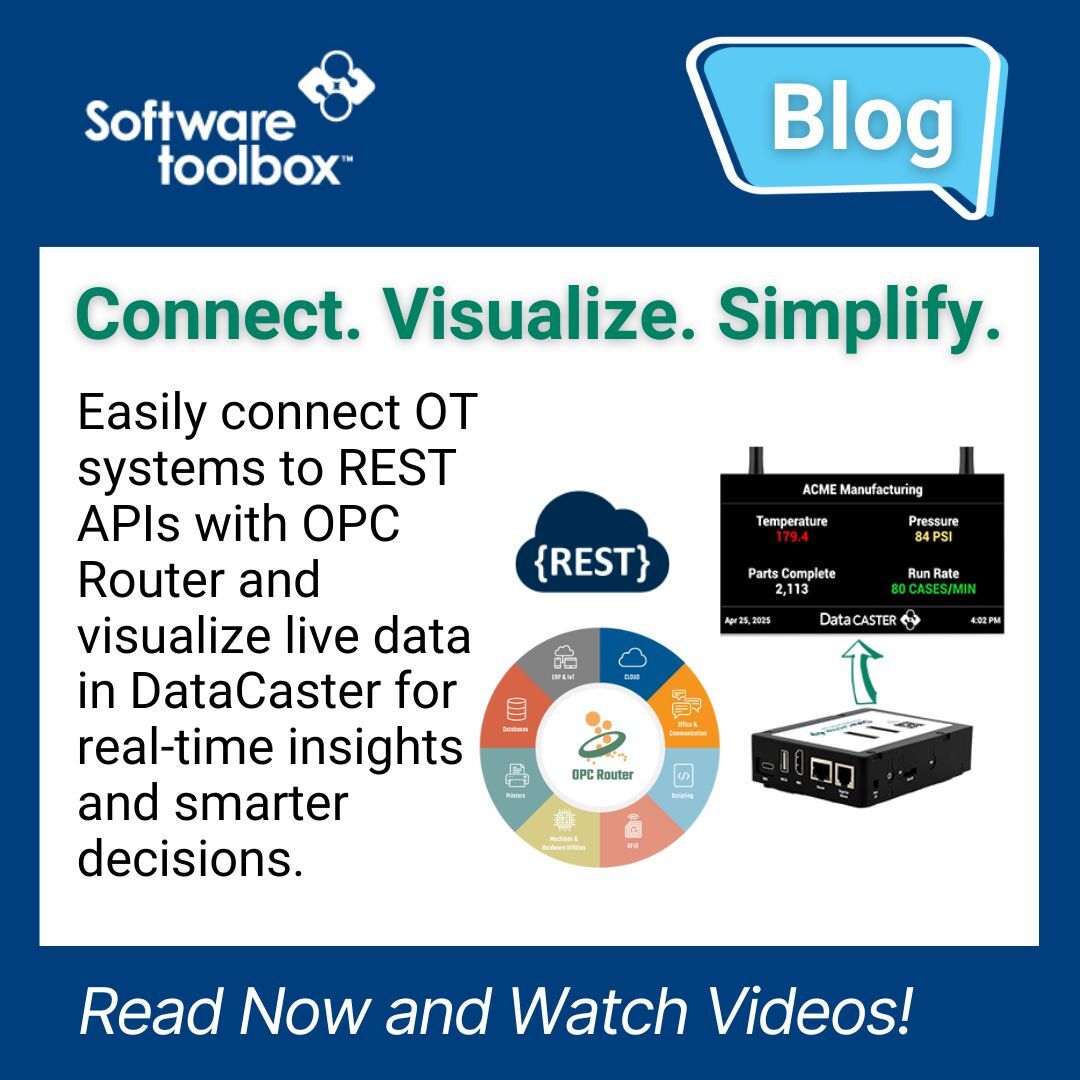 SoftwareToolbox's tweet image. 🔗 Connect. 👀 Visualize. ⚙️ Simplify. 

See how REST APIs make your industrial data work harder.

💡 Bridge OT &amp;amp; IT
⚙️ Connect to RESTful endpoints—no coding
📊 Visualize live data with DataCaster

👇 Read the blog &amp;amp; watch the demo:🔗 bit.ly/3XqKMHk 

#IIoT #RESTAPI
