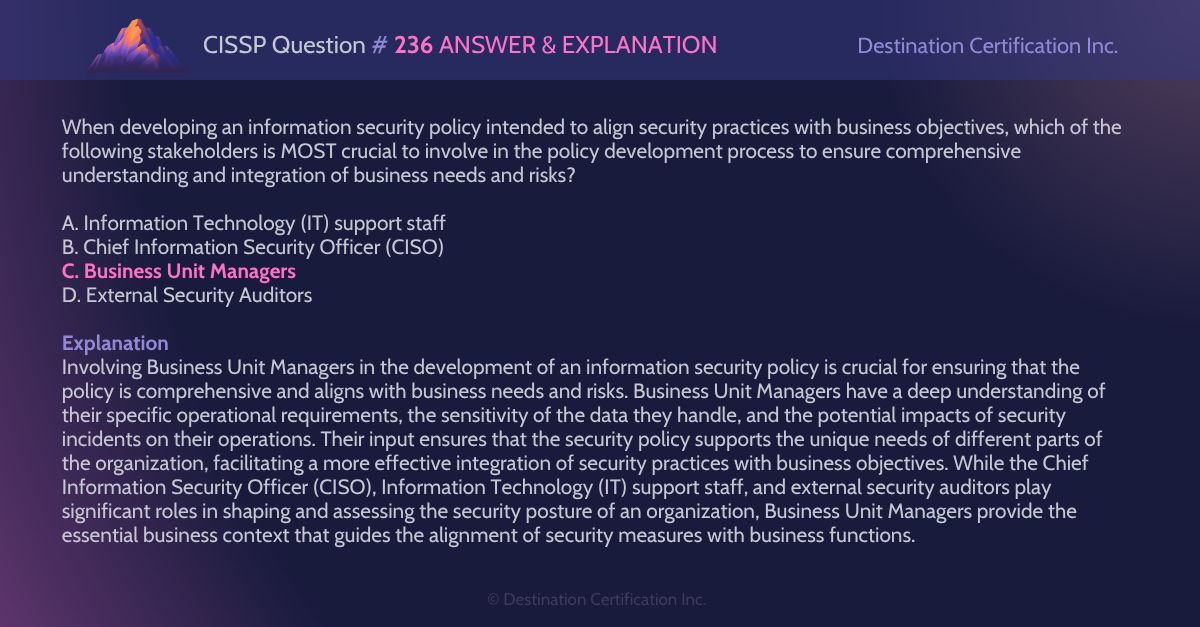 destcert's tweet image. #CISSP Question #236 Answer and Explanation

Here is the answer and an analysis of how to reach the correct answer. If you want to see more content like this, do let us know!

#WeeklyCISSPChallenge #QuestionOfTheWeek #CyberSecurity #CISSPpractice #practicequestions #ISC2