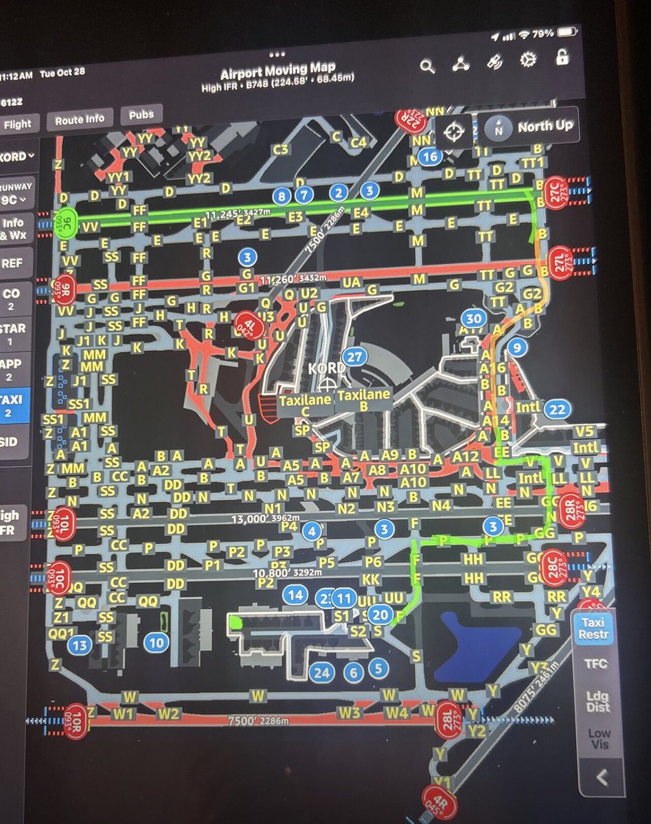 747-8 taxi instructions at ORD - red areas are restricted due to size and weight- don’t make a wrong turn. 

This is when rotor heads shine. “Request land direct to the ramp? - Approved as requested use caution” 😎