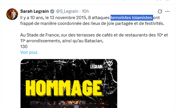 A 10h24, Sarah Legrain ne respecte pas la règle LFI, et précise "islamistes". 

Probablemnet rappelée à l'ordre, elle rectifie le tir ce soir, et supprime cette mention.  

#13novembre