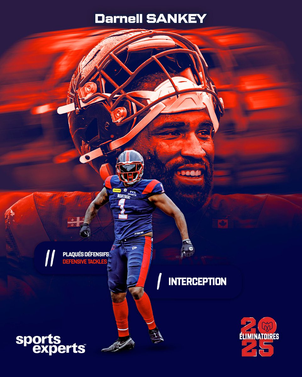 Darnell Sankey, étoile de la Division Est 2025 et un pilier de notre défense ! Ses stats des deux matchs éliminatoires présentées par <a href="/SportExperts/">SportExperts</a>. 

Répondez à la question suivante en commentaire et courrez la chance de remporter une carte cadeau de 250$ offerte par Sports