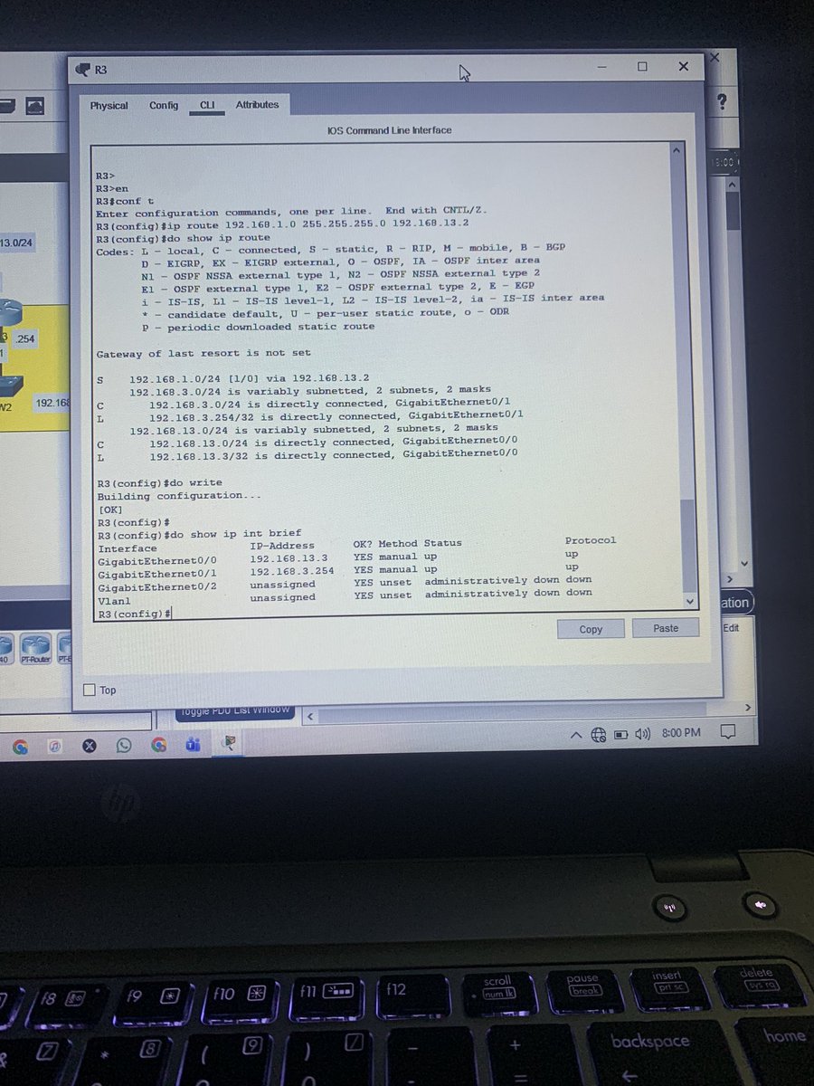 Romz_inc's tweet image. Day 12 of my #CCNA journey 🔥

Focused on Static Routing today , learned how to configure ip route, understand next-hop logic, and verify routing tables.
Nothing beats seeing your network communicate perfectly after you set it up manually 👨🏽‍💻

#CCNA #Networking #Cisco