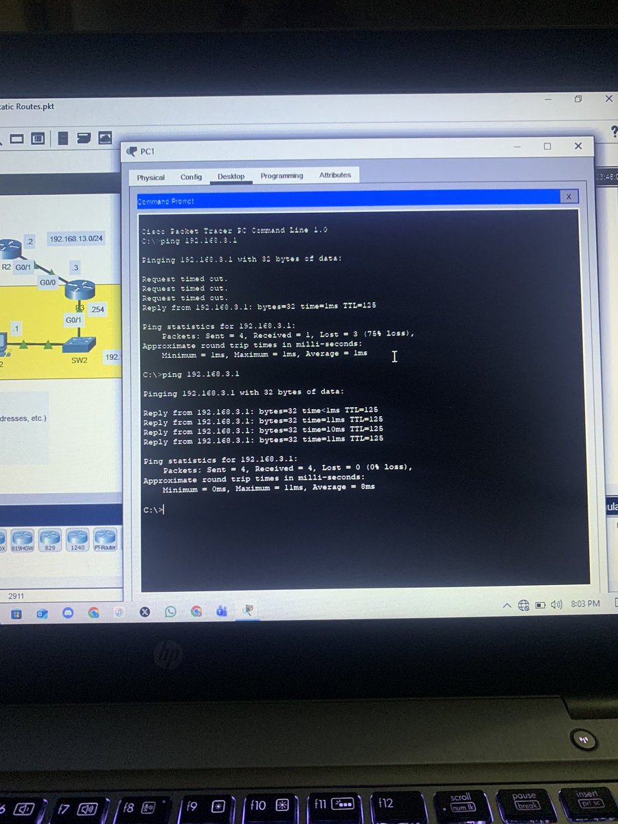 Romz_inc's tweet image. Day 12 of my #CCNA journey 🔥

Focused on Static Routing today , learned how to configure ip route, understand next-hop logic, and verify routing tables.
Nothing beats seeing your network communicate perfectly after you set it up manually 👨🏽‍💻

#CCNA #Networking #Cisco