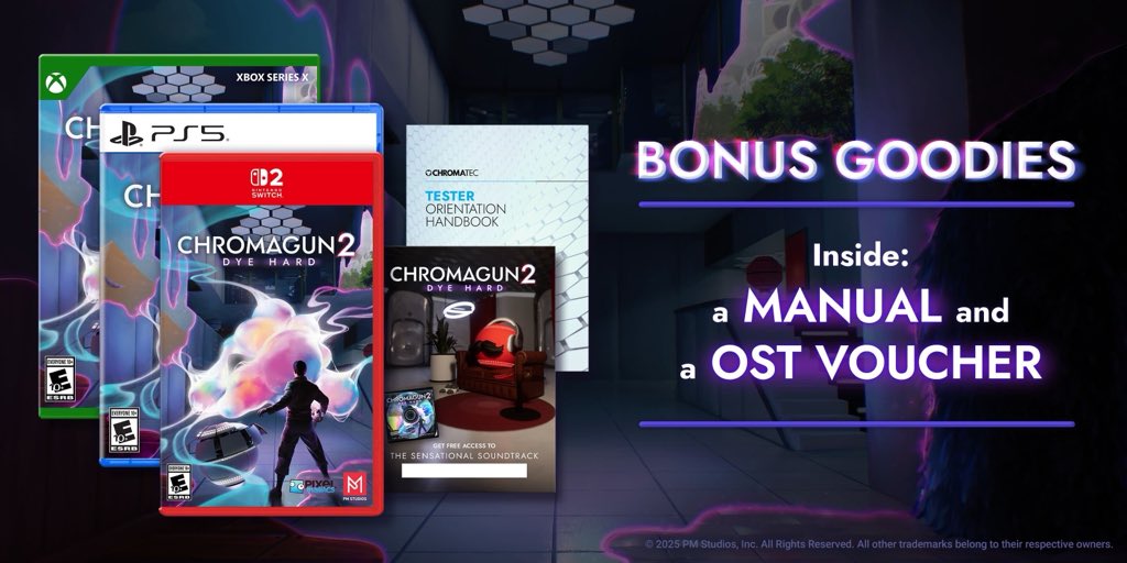 ChromaGun 2: Dye Hard is coming to Switch 2, PS5 and Xbox, digitally AND as a physical release in stores, thanks to our partner <a href="/PMStudiosUSA/">PM-Studios</a> 😍 Also, the release date is going to be Feb 12, pretty much exactly 10 years after ChromaGun (1). Preorders are live now 🤘
