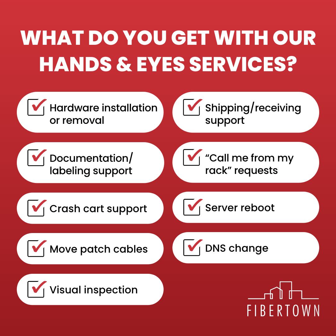 FIBERTOWN's tweet image. Our customers constantly rave about our Hands and Eyes Support, specifically designed to be an extension of your IT team. ✋👀

Curious about what&apos;s included? All of this (and more!)

#datacentersolutions #customersevice #businesscontinuity