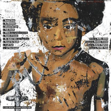 Album cover artwork features a close-up portrait of a young Black boy with curly hair and intense expression painted in abstract style with layered textures and colors including blues reds and yellows text overlays list track titles like Willie Green Unblinking Eye Fully Snack The Quake Mr Quake Old Brick In The Needles and credits to Boldy James Nicholas Craven produced by Nicholas Craven written by Boldy James with 2025 Nicholas Craven Productions watermark. Second image shows two men one wearing a green hoodie and cap the other in black hoodie and cap sitting on steps outside a blue building with large window displaying 40 YEARS OF MUSIC text and a framed photo of a woman inside glass door with ornate blue trim and railing.