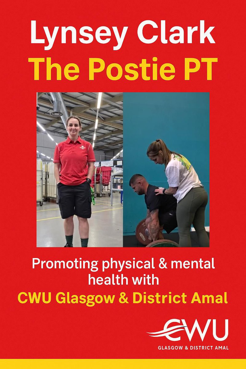 CwuGlasgow's tweet image. 💪 Coming Soon — The Postie PT! 💪
We’re teaming up with Lynsey Clark to boost physical &amp;amp; mental health across Royal Mail workplaces.

In partnership with CWU Glasgow &amp;amp; District Amal — fitness tips, wellbeing advice &amp;amp; motivation made for posties!

📦 Stay tuned!
#CWU #ThePostiePT