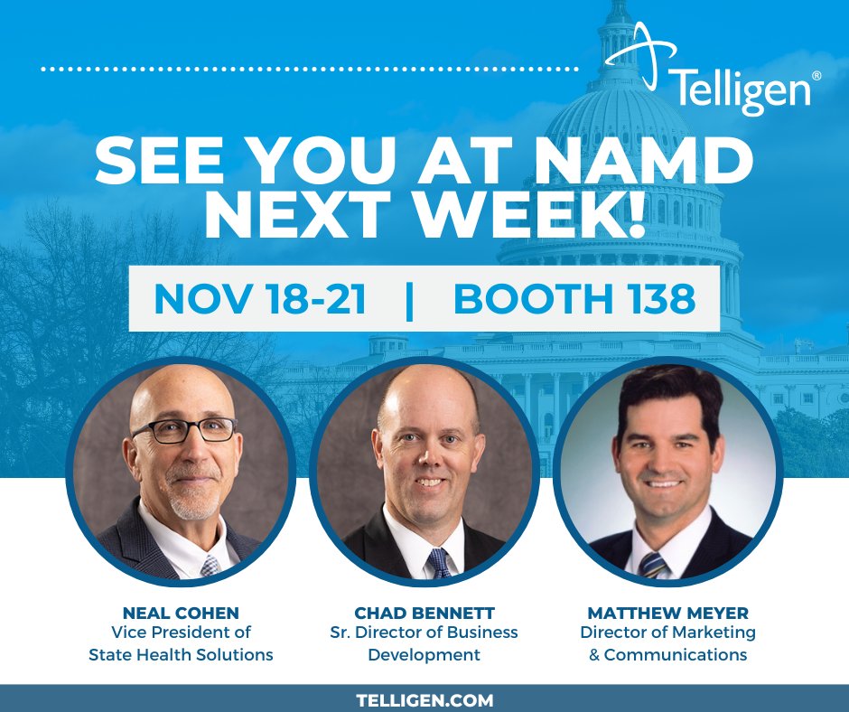 Heading to NAMD in Washington DC next week? Stop by Booth 138 to connect with our Telligen experts on utilization management, assessments, case management, and more. See you there! #MedicaidInnovation #NAMD