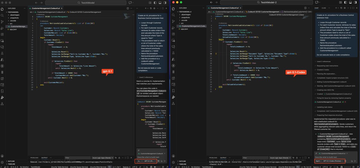 demiliani's tweet image. 𝗚𝗣𝗧-𝟱.𝟭 vs 𝗚𝗣𝗧-𝟱.𝟭-𝗖𝗼𝗱𝗲𝘅 writing #AL code. Codex wins (but quite slow 🐌) @code @OpenAI 
#msdyn365bc
