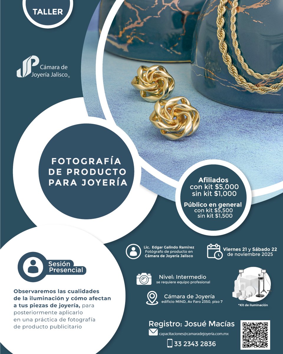 Aprende a dominar la iluminación, el concepto y la toma fotográfica para lograr imágenes que reflejen el valor y la esencia de cada joya.

Taller presencial: Fotografía de Producto para Joyería
📅 21 y 22 de noviembre
Afiliados: $5,000 | Público general: $5,500

📲 33 2343 2836